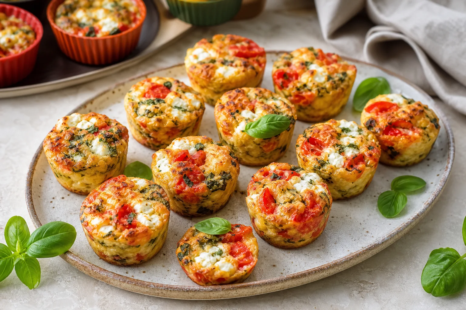 Bouchées apéritives dorées à la tomate, feta et basilic sur un plat