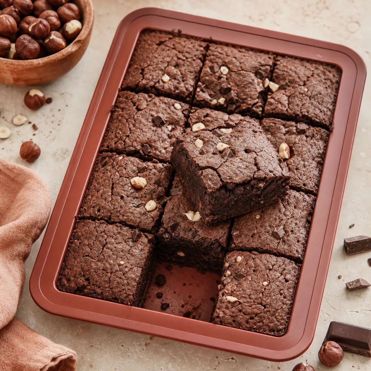 Brownie au chocolat et aux noisettes découpé en carrés dans un moule tablette