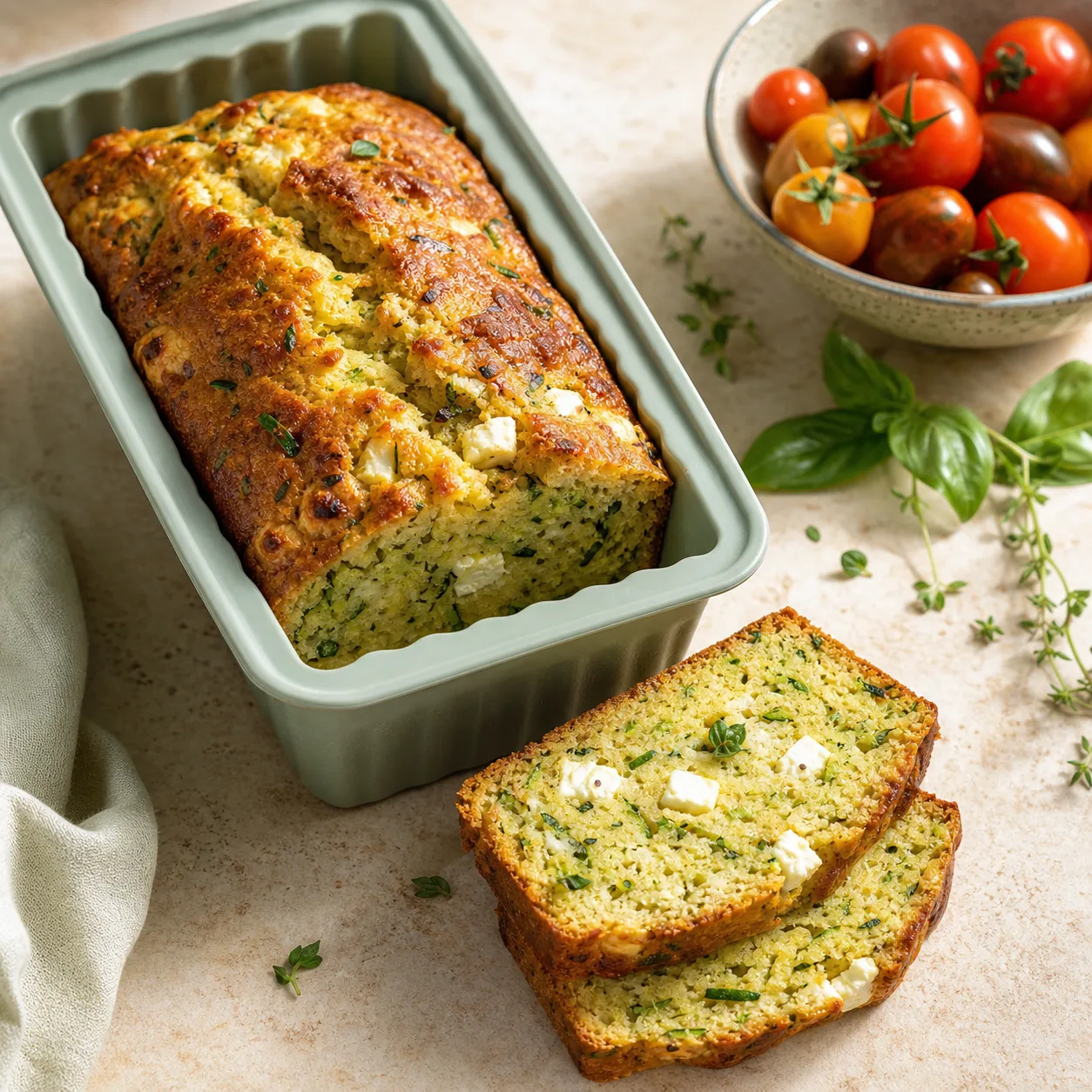 Cake salé courgette feta tranché dans un moule à cake vert