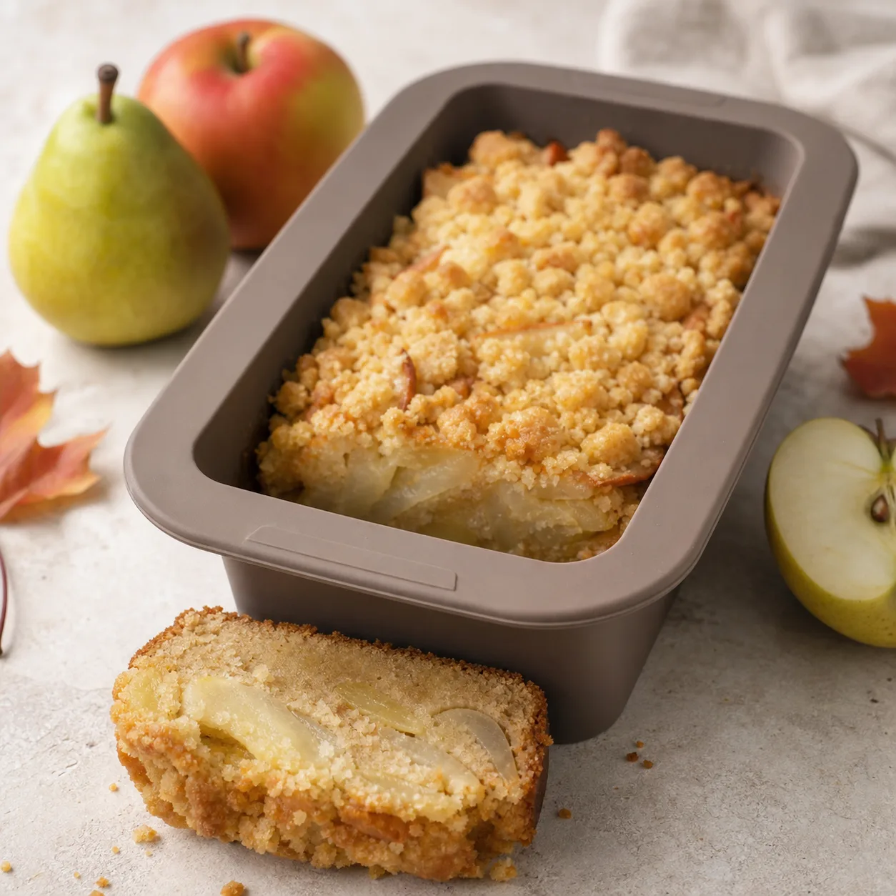 Cake crumble pomme poire sans œufs avec une tranche coupée