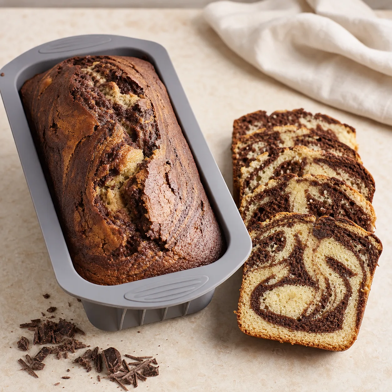 Cake marbré chocolat vanille tranché dans un moule à cake