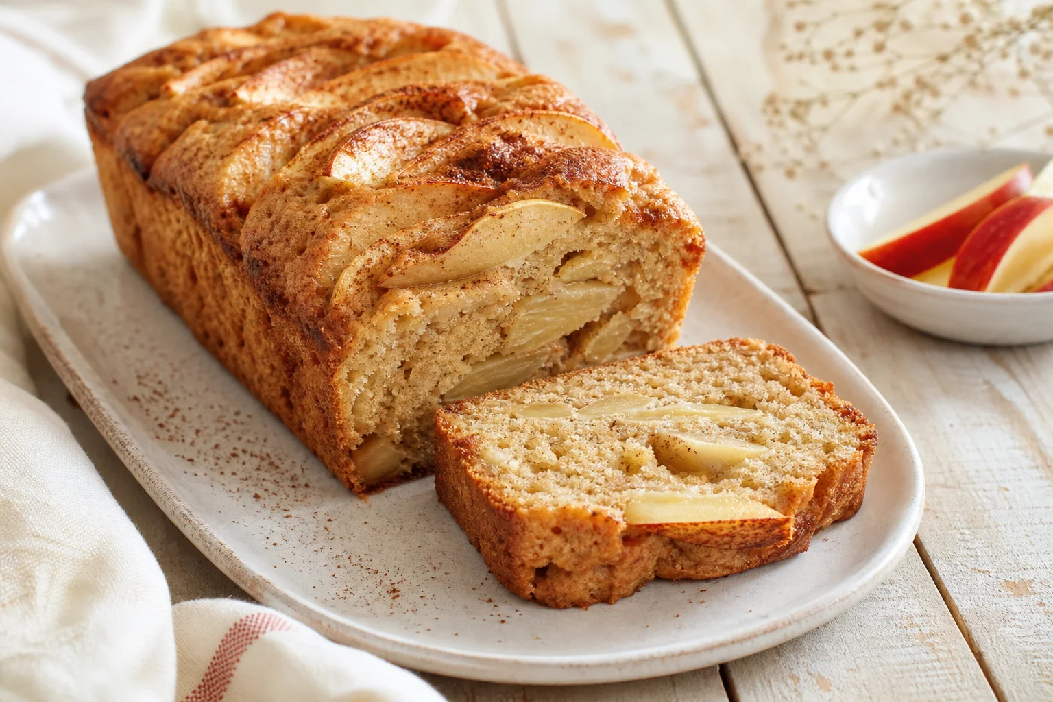 Cake aux pommes sans œufs avec une tranche coupée sur un plat clair