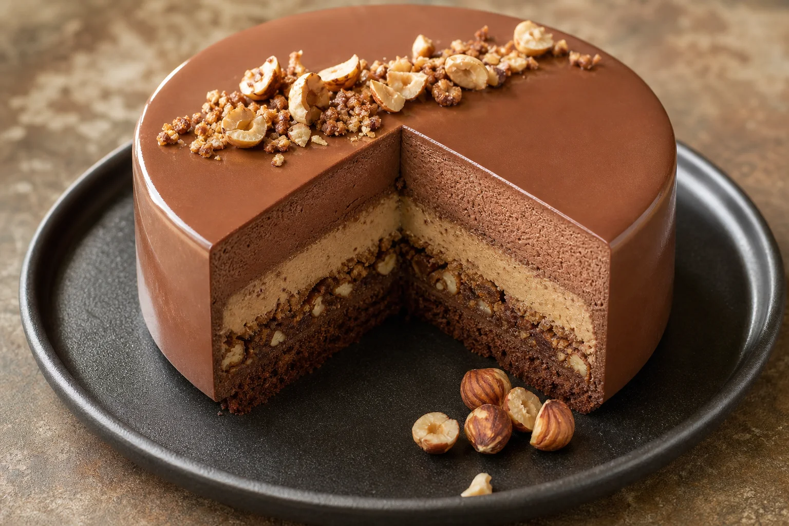 Entremets rond chocolat praliné avec une part coupée montrant les couches