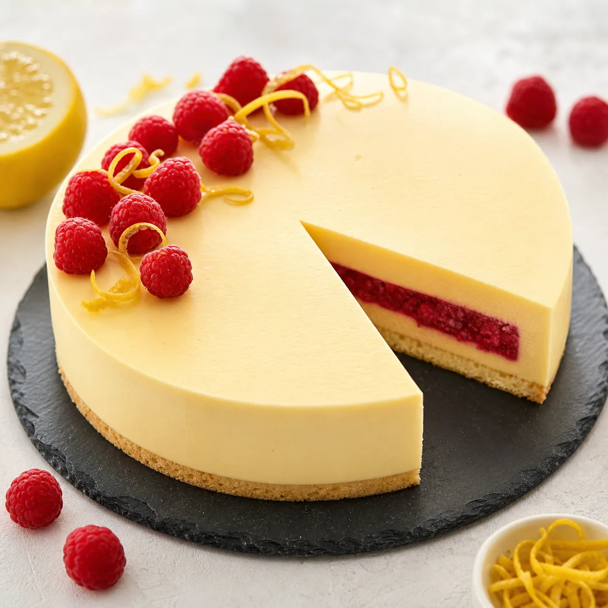 Entremets rond citron framboise avec une part coupée montrant l'insert rouge