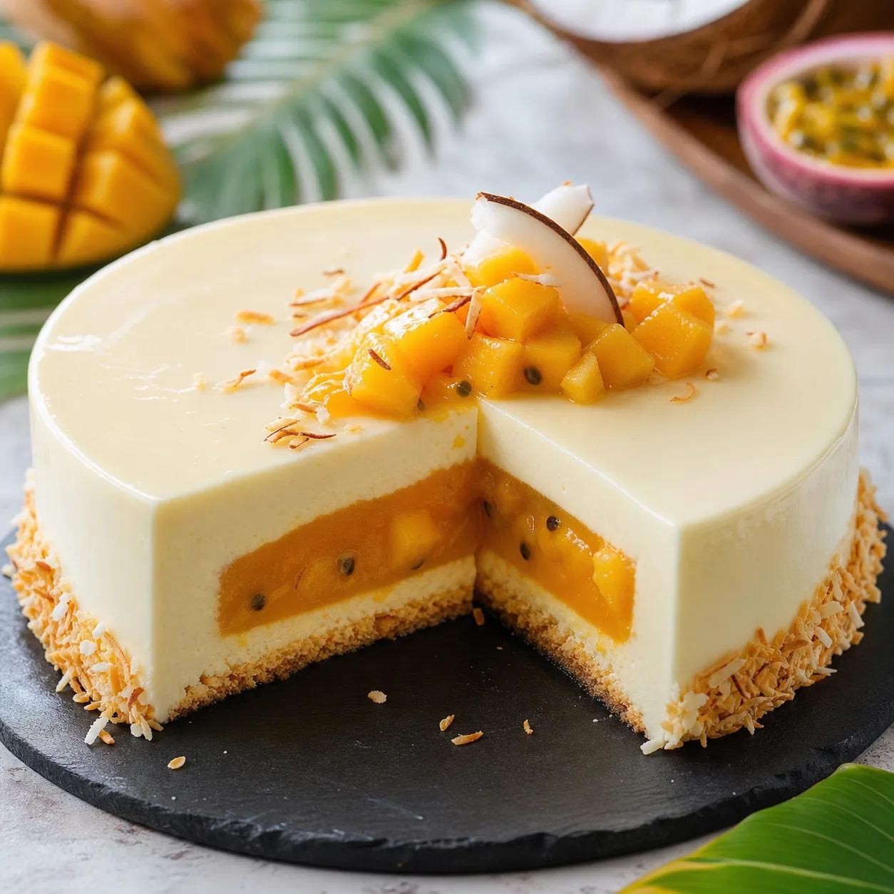 Entremets mangue passion coco avec une part coupée sur un plat sombre