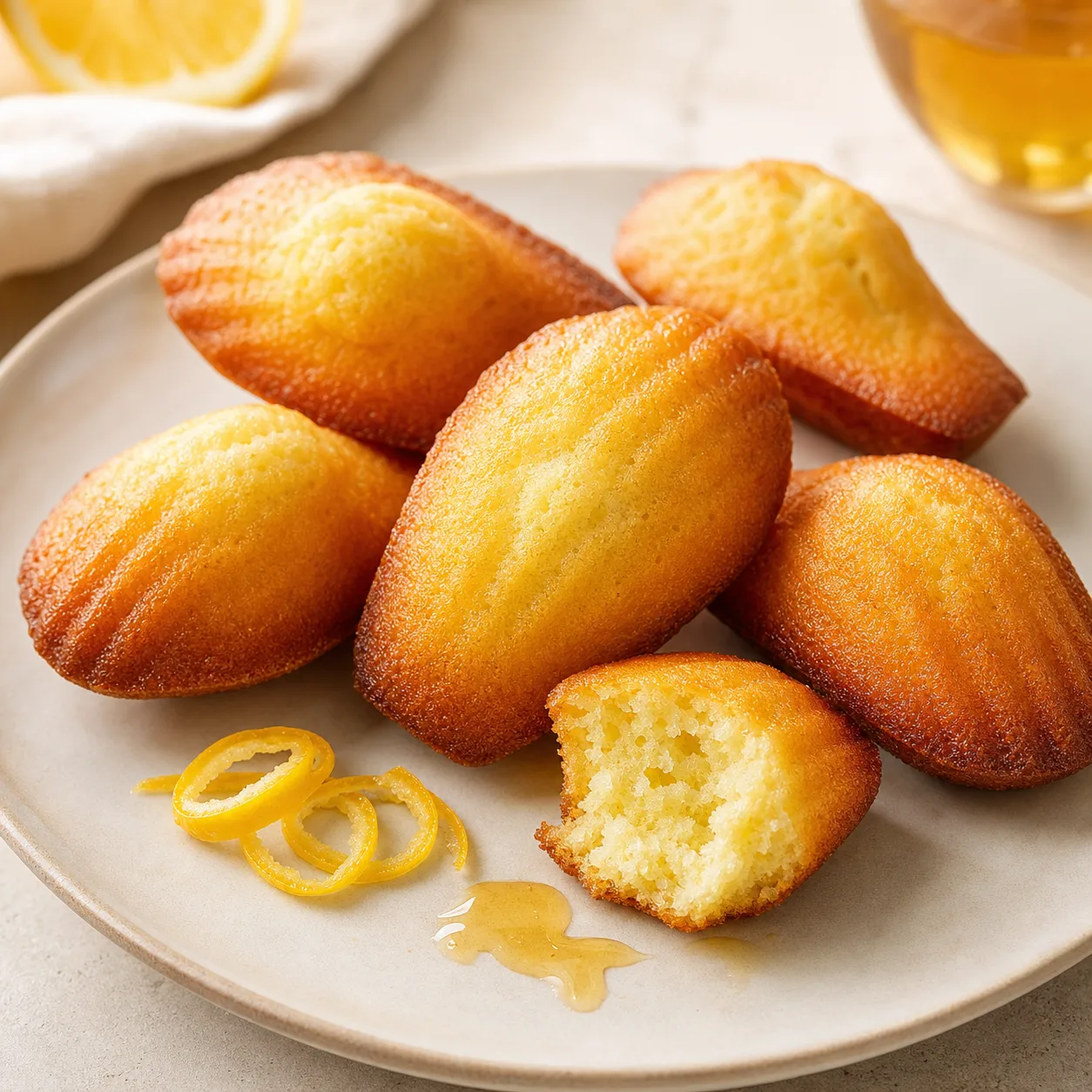Madeleines dorées au miel et citron avec une madeleine ouverte