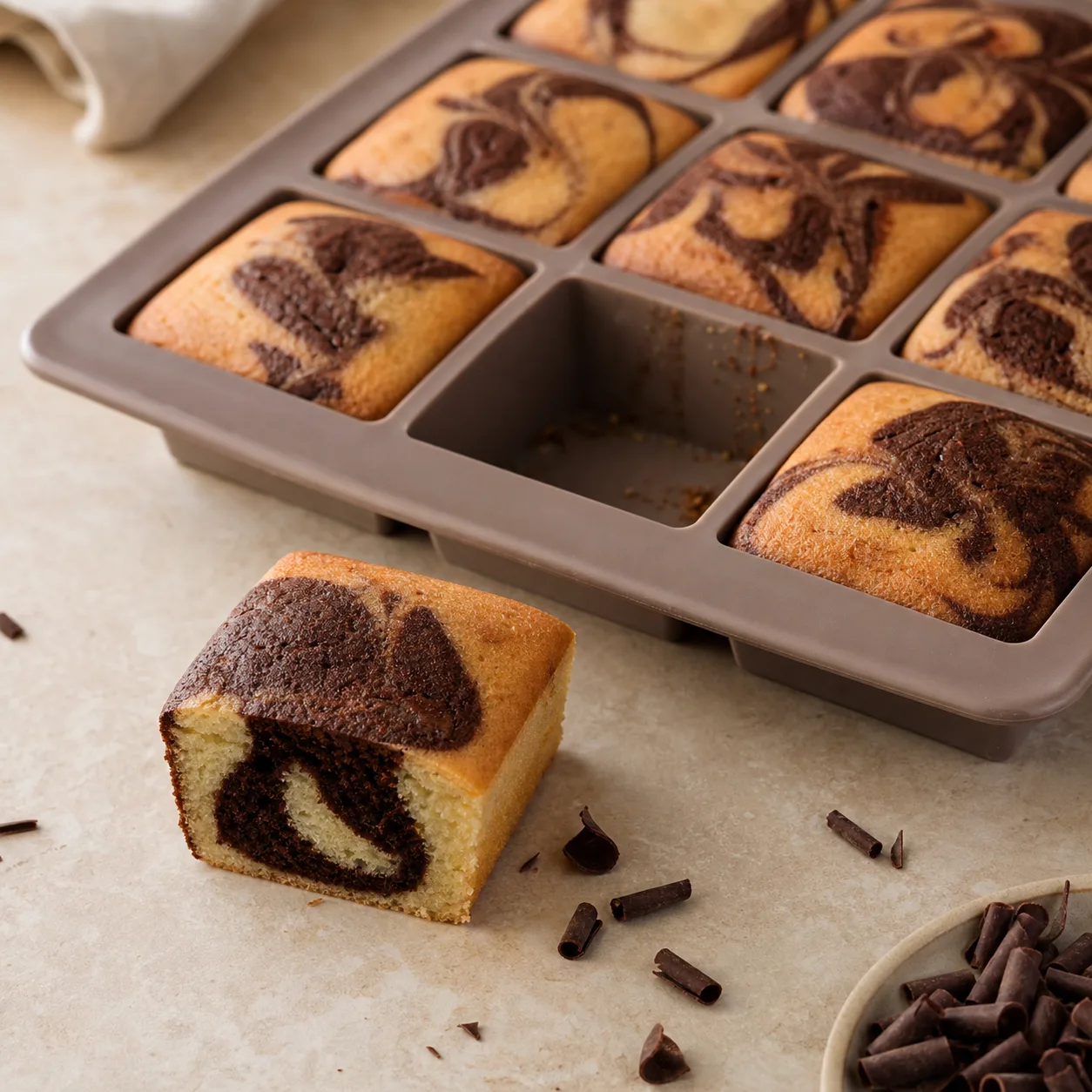 Gâteau marbré chocolat vanille découpé en carrés dans un moule tablette