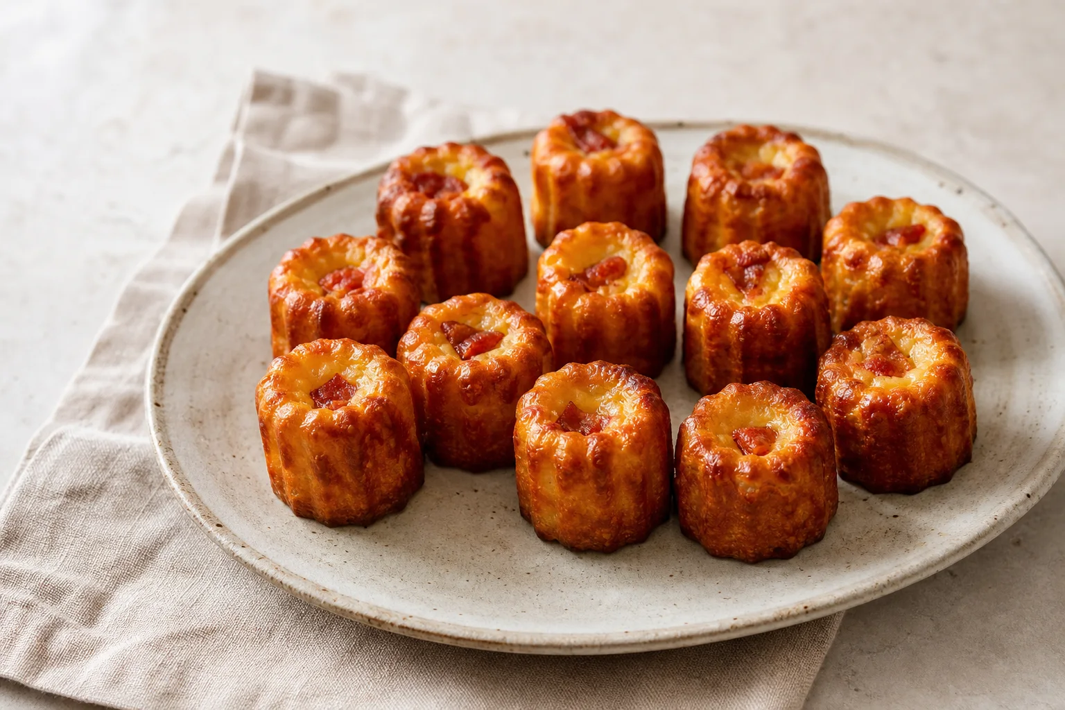 Mini-cannelés salés dorés au comté et au chorizo servis sur une assiette