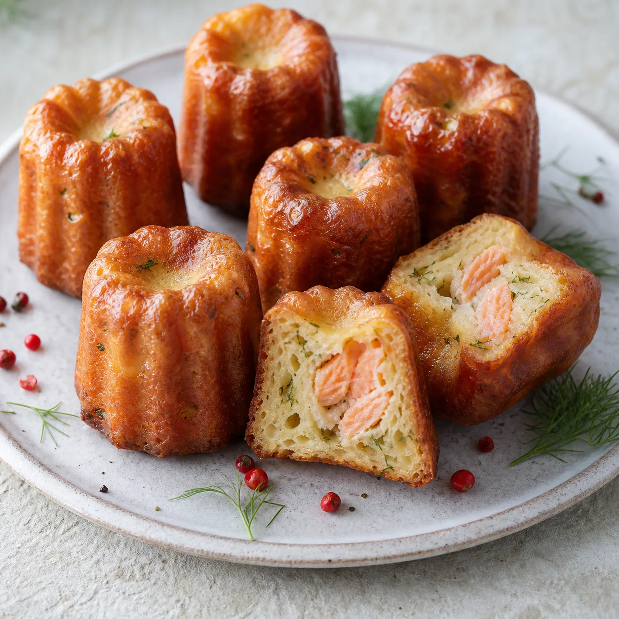 Mini-cannelés salés au saumon fumé et à l'aneth sur une assiette
