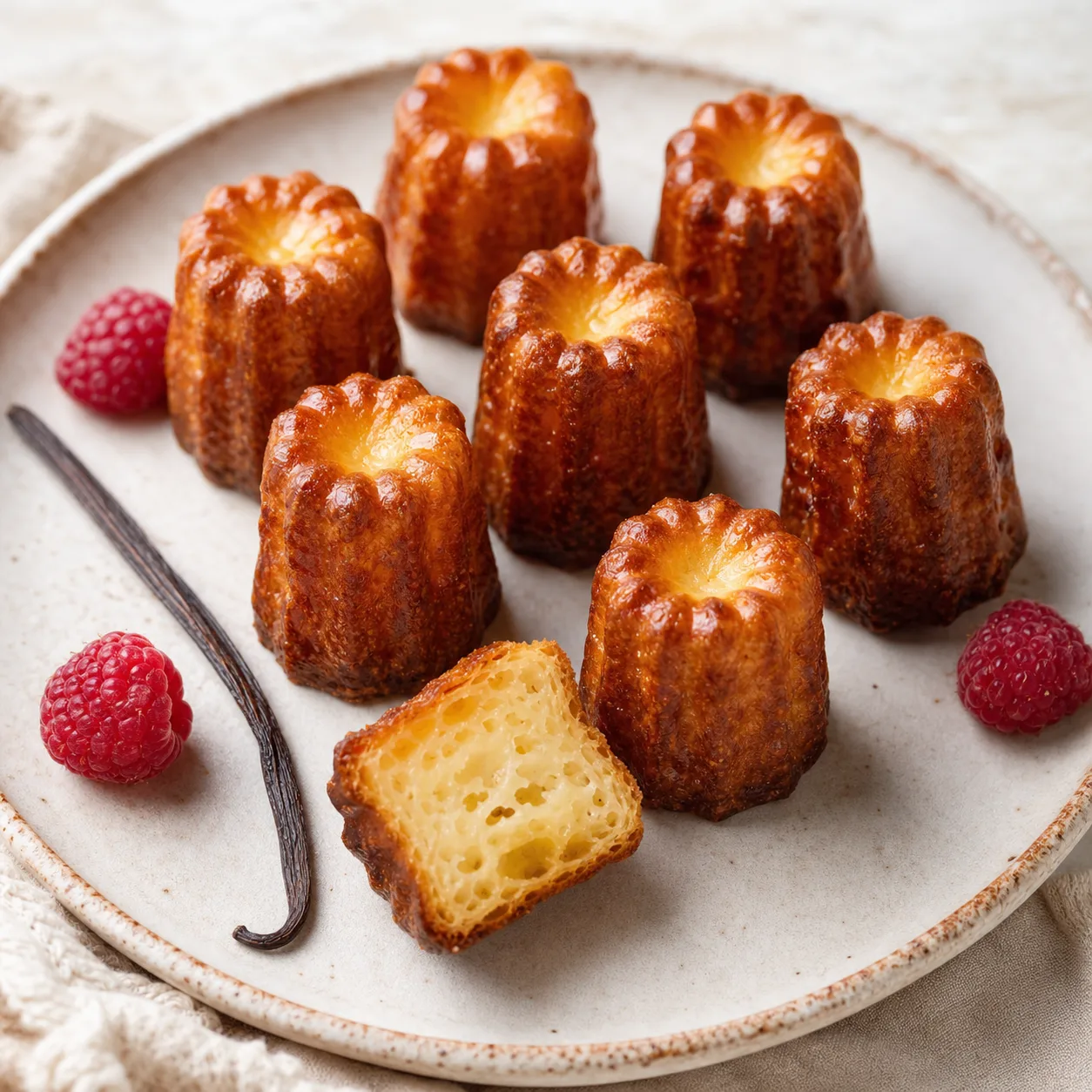 Mini-cannelés dorés à la vanille avec des framboises sur une assiette claire