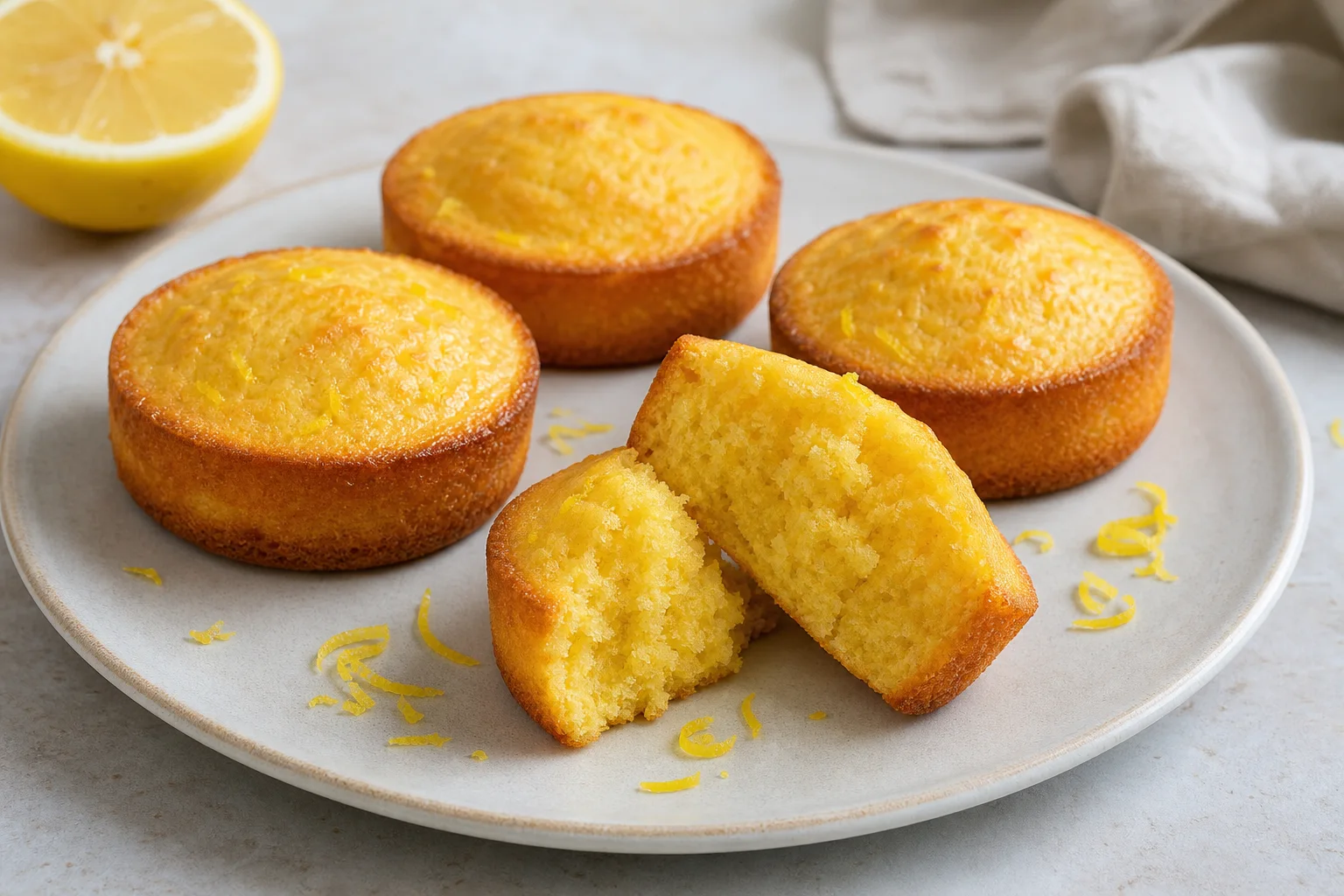 Moelleux individuels au citron dorés, dont un ouvert pour montrer la mie