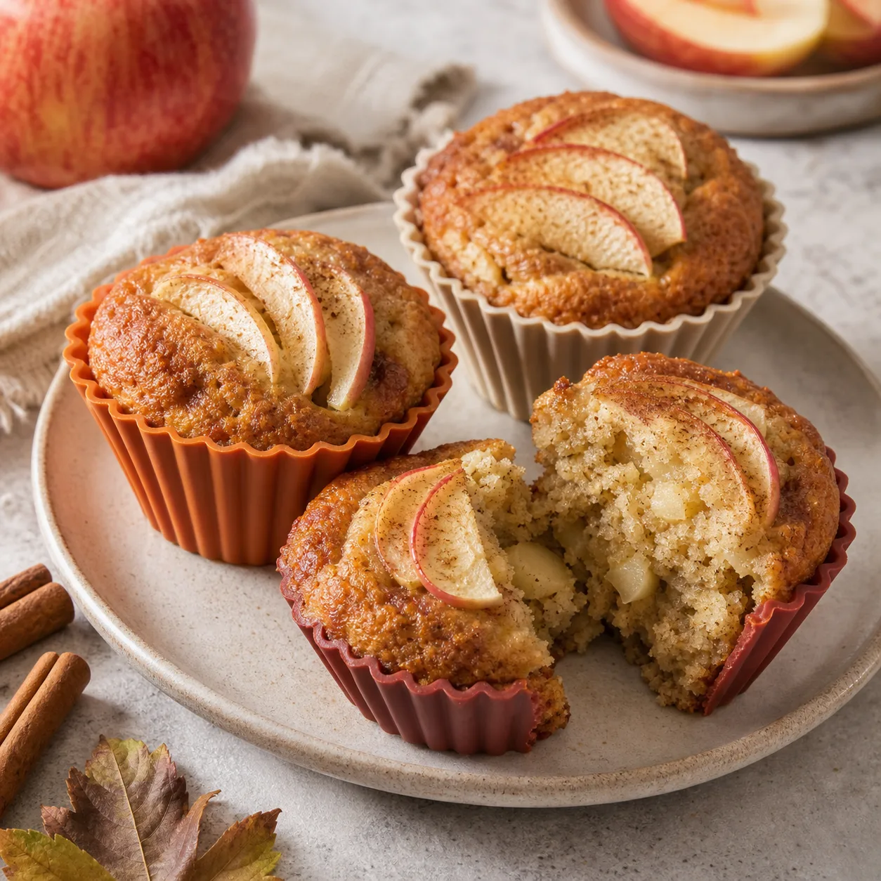 Muffins pomme cannelle cuits en moules individuels avec un muffin ouvert